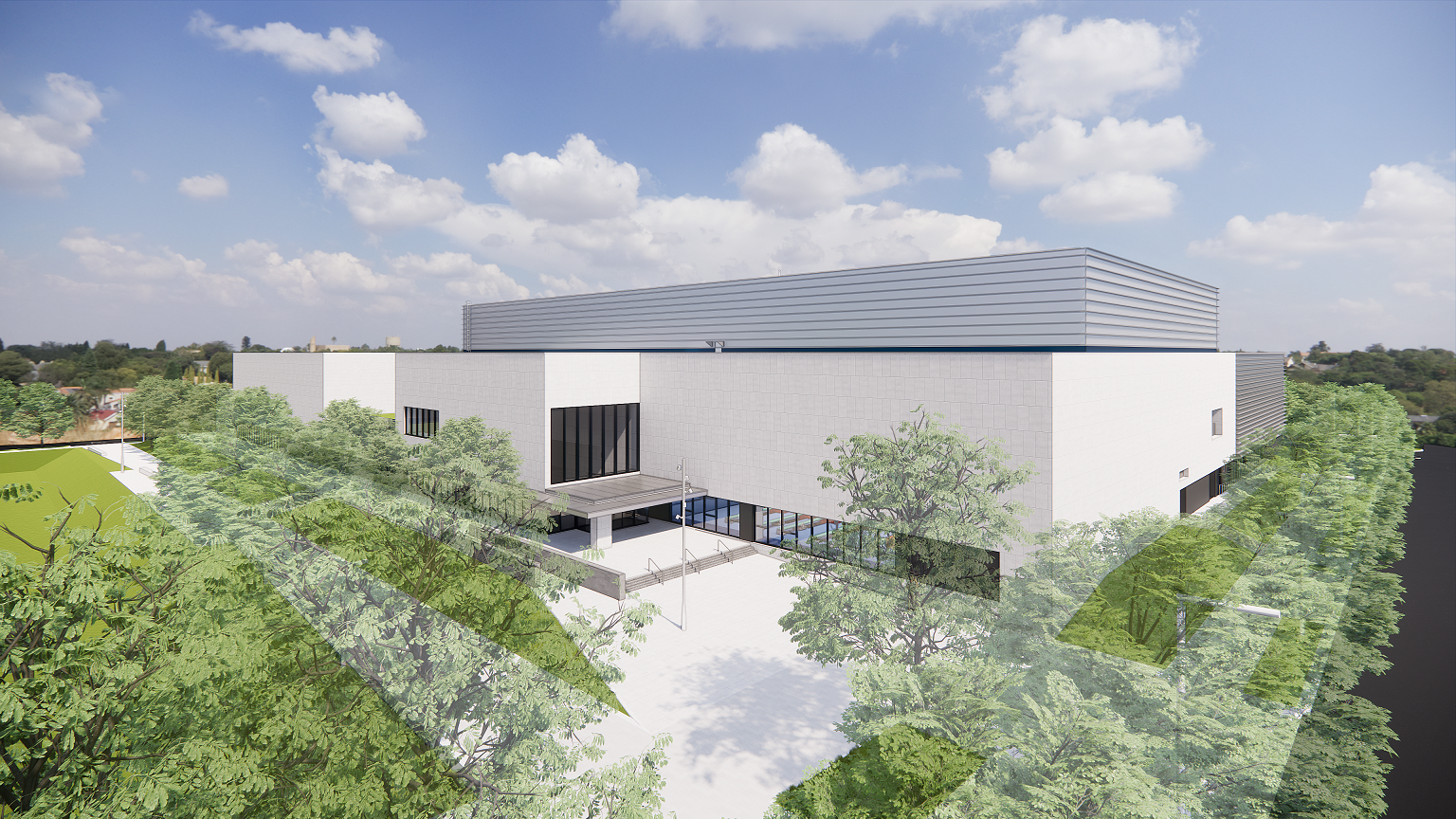(圖)The swimming hall adopts a gradually rising building mass, and the exterior walls have horizontal decorative panels and a tough metal texture.